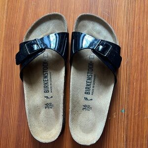Birkenstock Black Sandals with Glossy Strap and Cork Sole size 36